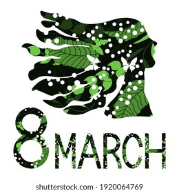 Silhouette of a woman's head with a natural pattern of green shades and butterflies in her hair. Happy womens day 8 march lettering.