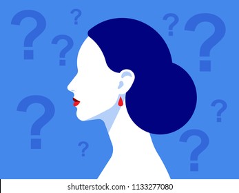 Silhouette des Schädels einer Frau im Vektorstil. Eine elegante schöne Frau hat viele Fragen und ungelöste Probleme.