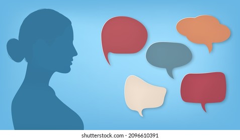 Silhouette of a woman's head in vector style. An elegant beautiful woman has many questions and unresolved problems.