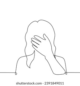 silhouette of a woman's portrait with a palm covering her face - one line art vector. concept fatigue, cringe, facepalm, shame