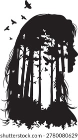 A silhouette of a womans profile is filled with a dense forest scene. Birds are flying around her head and within the trees.