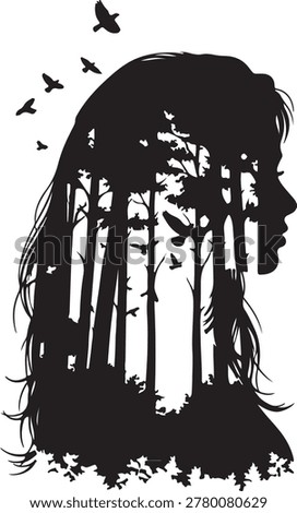 A silhouette of a womans profile is filled with a dense forest scene. Birds are flying around her head and within the trees.