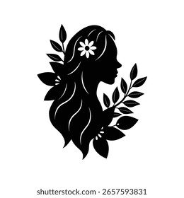 Silhouette a woman's profile with floral elements flowing hair face head