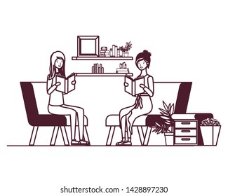 silhouette of women with book in hands in living room