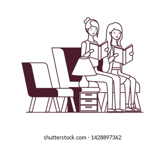 silhouette of women with book in hands in living room
