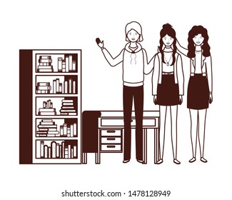 silhouette of women with bookshelf of wooden and books