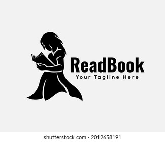 silhouette women children relax study reading book logo template illustration inspiration