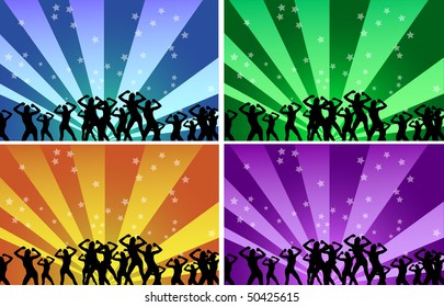 Silhouette of women dancing on colored backgrounds