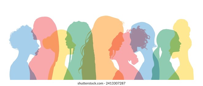 Silhouette women of different ethnicities and cultures stand side by side together