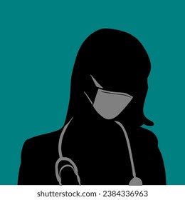 A silhouette of a women doctor wearing a face mask isolated on green background