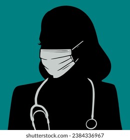 A silhouette of a women doctor wearing a face mask isolated on green background