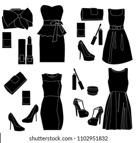 silhouette of women fashion, dress, shoes, accessories