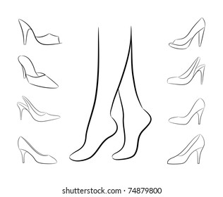 Silhouette of women feet, surrounded by womens shoe on white background, vector