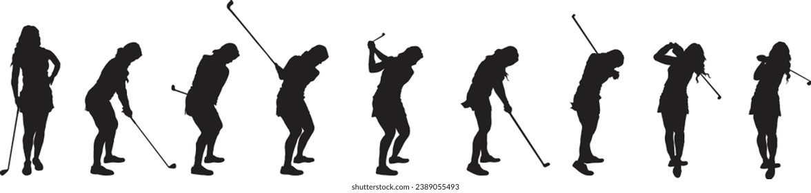Silhouette women golf player golfing action in the ground vector sport eps
