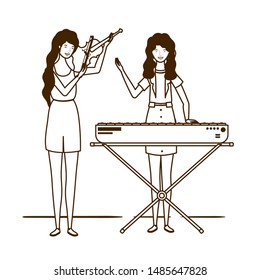 silhouette of women with musicals instruments on white background