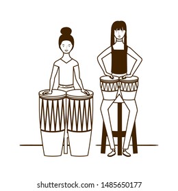 silhouette of women with musicals instruments on white background