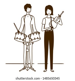 silhouette of women with musicals instruments on white background