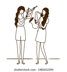 silhouette of women with musicals instruments on white background