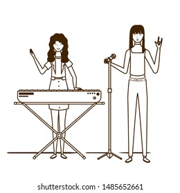 silhouette of women with musicals instruments on white background