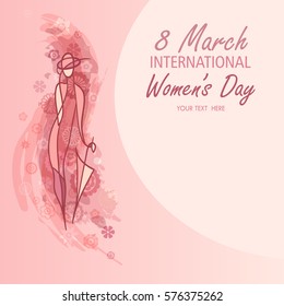 Silhouette of a women on pink floral decorated background for Happy Women's Day. March 8 greeting card. Vector illustration.