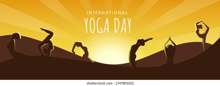 Silhouette of Women Practicing Yoga in Different Pose At Sunset or Sunrise for International Yoga Day.