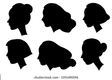 Silhouette, women profile portrait, black on white.  Different types of hair style, young girls with long hair.  Logotype for fashion, for hairdress salon.