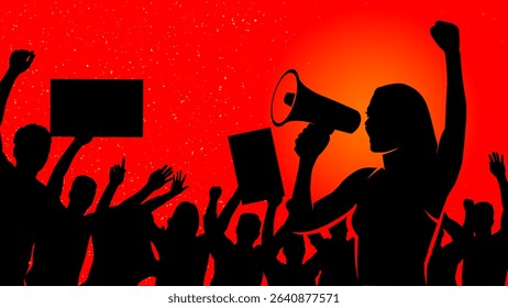 Silhouette of women protester standing leading a speech during a demonstration in the middle of a crowd of people vector illustration background