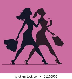 Silhouette Of Women With Shopping Bags. Silhouette Of Women On A Pink Background