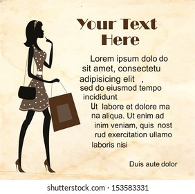 Silhouette of a women shopping. Vintage poster with place for text 