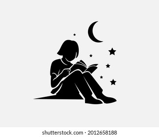 silhouette women silent reading book night reaching dream logo illustration inspiration