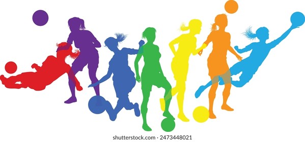 Silhouette women soccer female football player set. Active sports people healthy players fitness silhouettes concept.