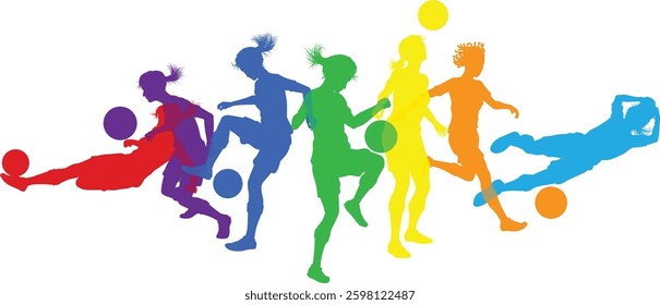 Silhouette women soccer female football player set. Active sports people healthy players fitness silhouettes concept.