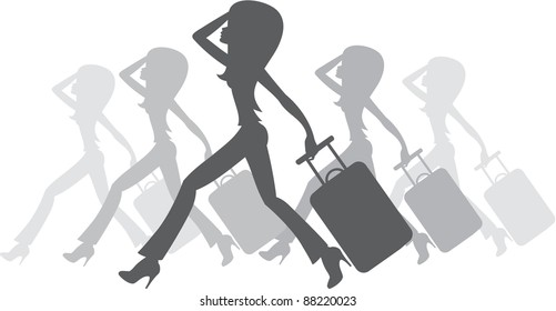 Silhouette of women with a suitcase. vector, no gradient