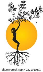 Silhouette women tree sun yoga with leaves and roots isolated over white background vector.