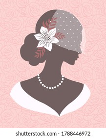 Silhouette of a women in wedding hairstyle, vector illustration for greeting card, invitation, bridal shower.