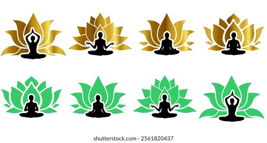 silhouette of women yoga meditation, sitting pose with lotus flower. relax or recreation, healthy lifestyle. Vector illustration