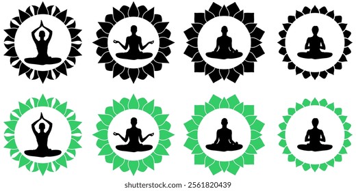 silhouette of women yoga meditation, sitting pose with lotus flower. relax or recreation, healthy lifestyle. Vector illustration