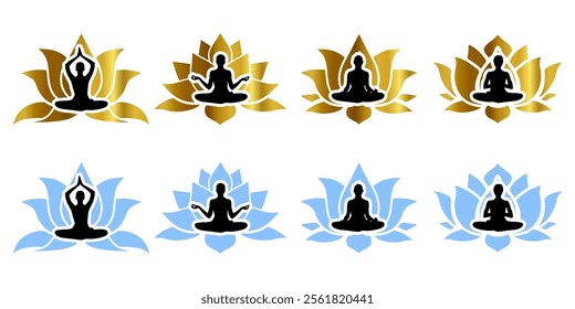 silhouette of women yoga meditation, sitting pose with lotus flower. relax or recreation, healthy lifestyle. Vector illustration