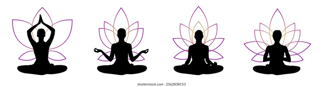 silhouette of women yoga meditation, sitting pose with lotus flower. relax or recreation, healthy lifestyle. Vector illustration	
