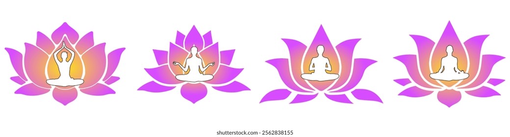 silhouette of women yoga meditation, sitting pose with lotus flower. relax or recreation, healthy lifestyle. Vector illustration	
