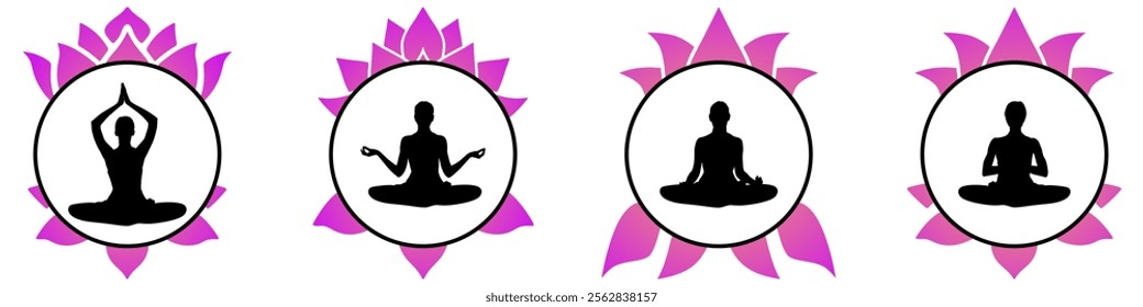 silhouette of women yoga meditation, sitting pose with lotus flower. relax or recreation, healthy lifestyle. Vector illustration	
