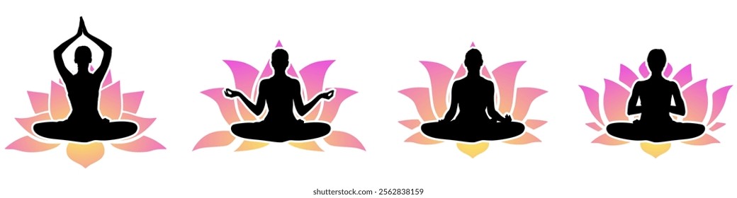 silhouette of women yoga meditation, sitting pose with lotus flower. relax or recreation, healthy lifestyle. Vector illustration	
