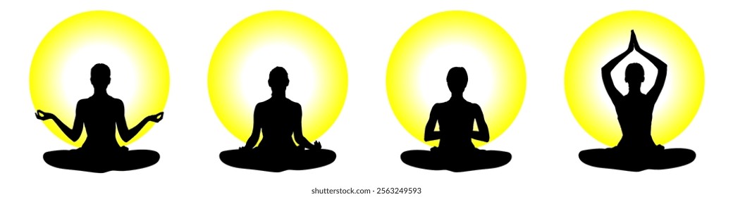 silhouette of women yoga meditation, sitting pose. relax or recreation with light shine, healthy lifestyle. Vector illustration