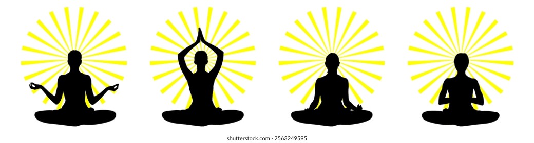 silhouette of women yoga meditation, sitting pose. relax or recreation with light shine, healthy lifestyle. Vector illustration