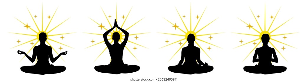 silhouette of women yoga meditation, sitting pose. relax or recreation with light shine, healthy lifestyle. Vector illustration