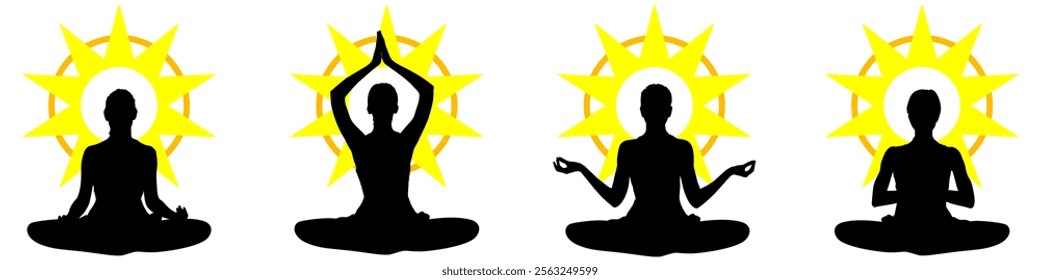 silhouette of women yoga meditation, sitting pose. relax or recreation with light shine, healthy lifestyle. Vector illustration