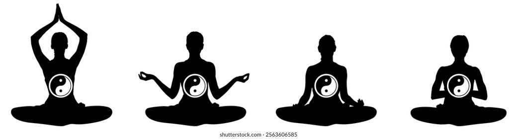 silhouette of women yoga meditation, sitting pose. relax or recreation with yin yang symbol of Balance and harmony or meditation, healthy lifestyle. Vector illustration