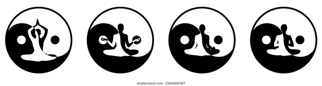 silhouette of women yoga meditation, sitting pose. relax or recreation with yin yang symbol of Balance and harmony or meditation, healthy lifestyle. Vector illustration