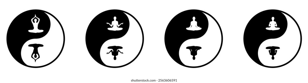 silhouette of women yoga meditation, sitting pose. relax or recreation with yin yang symbol of Balance and harmony or meditation, healthy lifestyle. Vector illustration