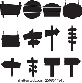 Silhouette wood sign icon set. vector image interior elements collection.